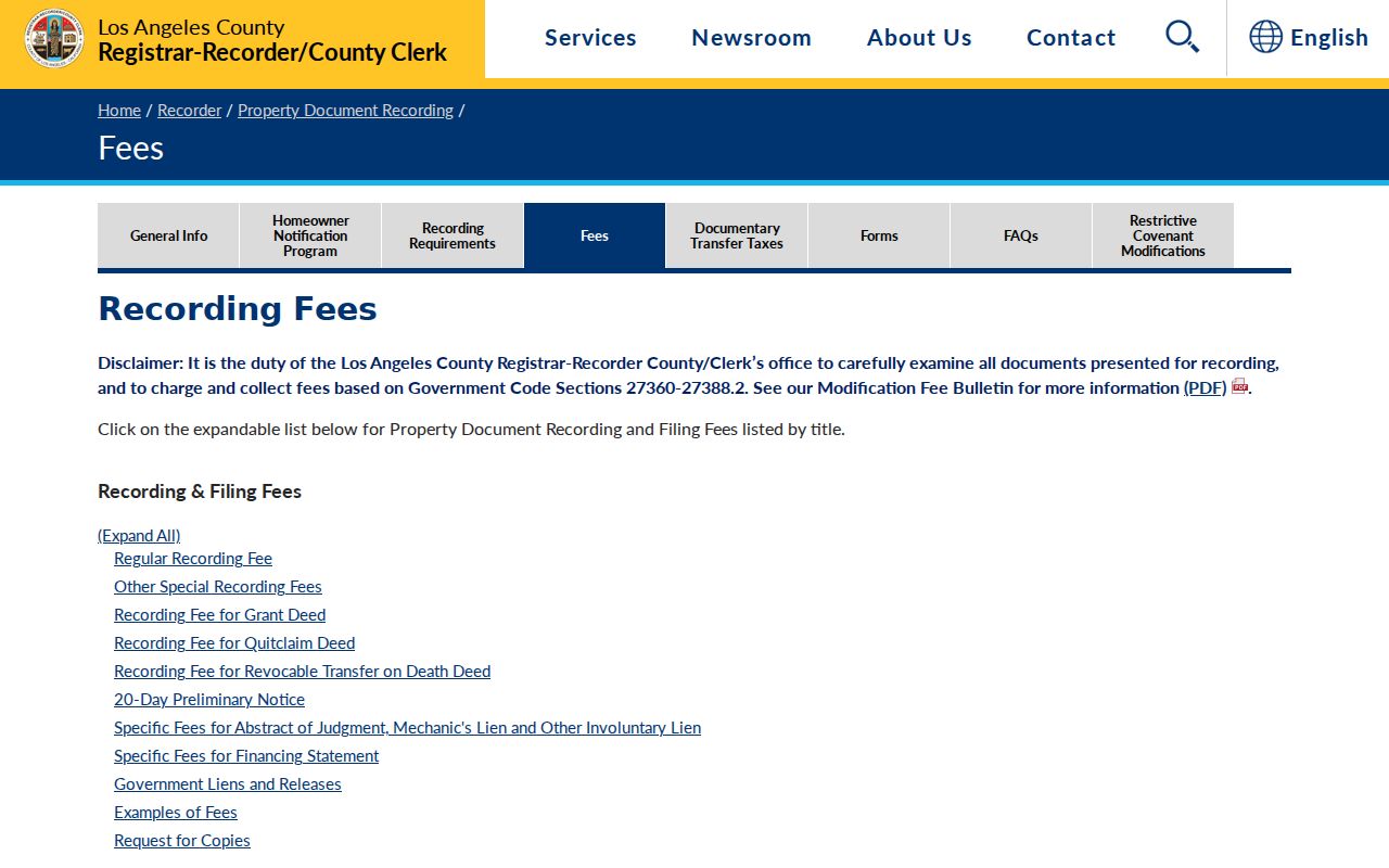 Whittier previous residents Recorder copy fees